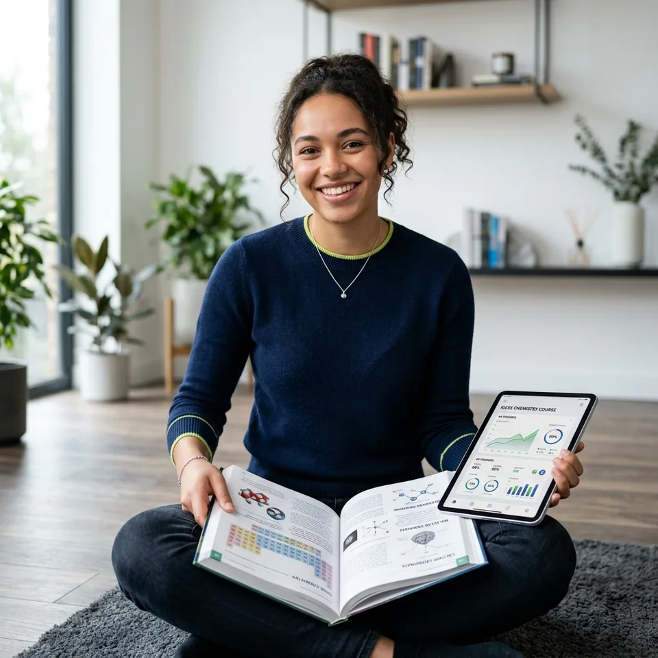 Cambridge IGCSE student studying with Academiq Edu notes and revision tablet